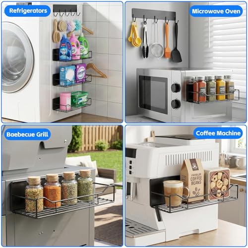 5 Pack Multifunctional Magnetic Shelves for Refrigerator Spice Rack & Washing Machine Organize (Curved Style, Black)