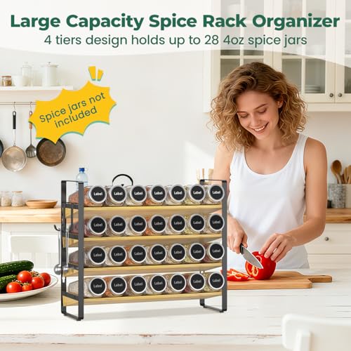 Spice Seasoning Rack Organizer Kitchen Countertop (Matte Black+Bamboo)