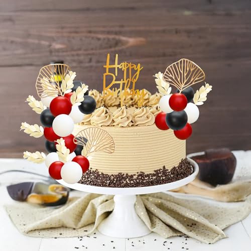 57Pcs Balls Cake Topper Boho Grass Cake topper Pearl Balls Acrylic Happy Birthday Cake Decorations for Wedding Baby Shower Birthday Boho Themed Party Supplies Black Red White (Black Red White)