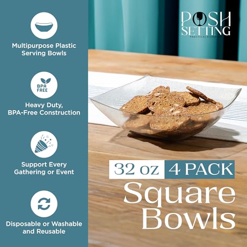 4 Pack Disposable Gold Plastic Serving Bowls Square Party Candy Use 32oz (32 OUNCE / GOLD GLITTER)