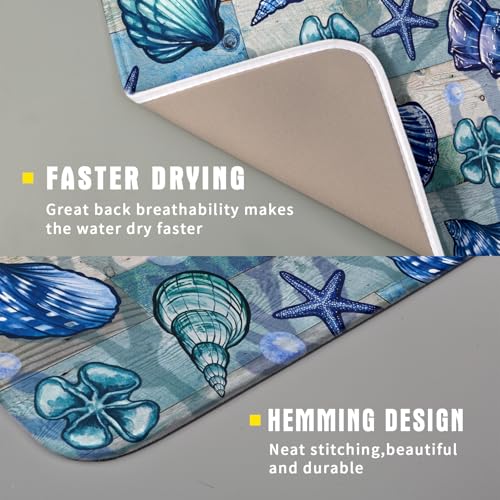 Starfish Seashell Dish Drying Mat 16x18 inch Coastal Beach Dish Drainer Rack Pad Absorbent Microfiber Fast Dry Kitchen Counter Accessories (Starfish Seashell / 16" x 18")