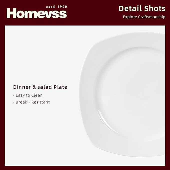 HomeVss, New Bone China Embossed Dinnerware Set, Coupe Square Shape, 16pc Set