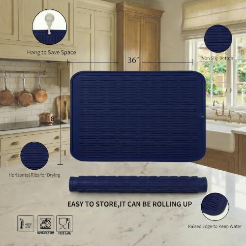 Silicone Dish Drying Mat for Multiple Usage (Navy Blue / 36"L x 18"W)