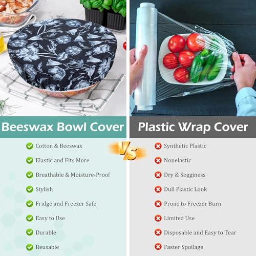 5Pcs Reusable Beeswax Elastic Bowl Covers for Bread Proofing and Food Cover (Iris Floral)