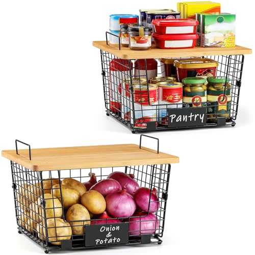 2 Set XXL Stackable Wire Basket with Bamboo Tops & Tag (XXL)