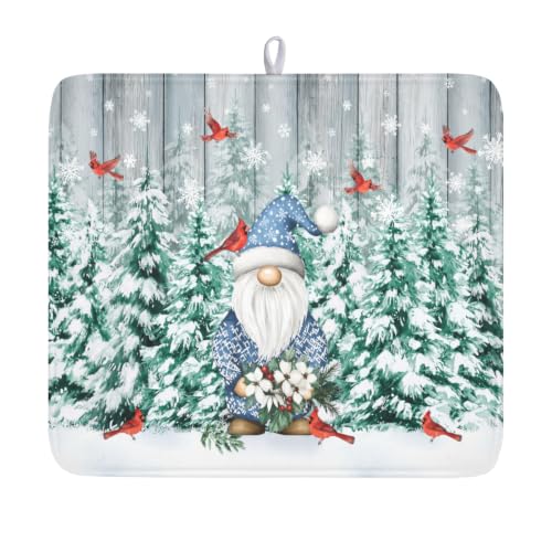 Winter Gnome Dish Drying Mat Pine Tree Dishes Pad 16"x18" Microfiber Absorbent Fast Dry Drainer Rack Mats Protector for Kitchen Countertop (Winter Gnome Bird / 16x18 inch)
