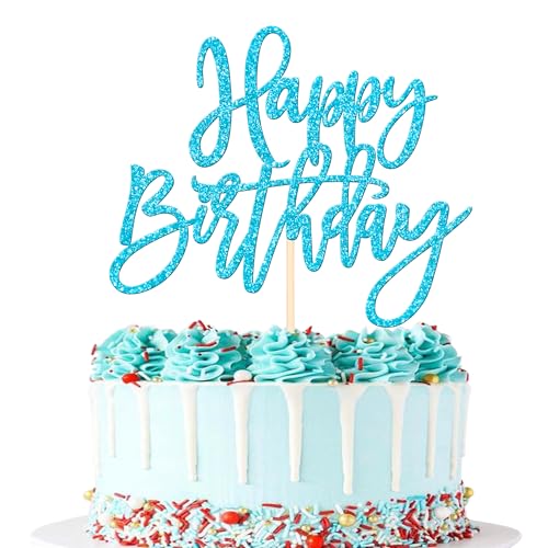 1 PCS Happy Birthday Cake Topper Glitter Happy Birthday Cake Pick for Celebrating Happy Birthday Anniversary Theme Party Cake Decorations Supplies Light Blue