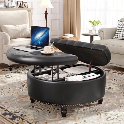 31.5 Inch Large Round Ottoman with Storage Circular (Black)