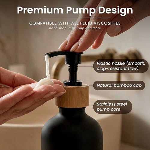 Glass Dish Soap Dispenser for Kitchen Set of 2 (Black Bottles/Black Bamboo Pumps)