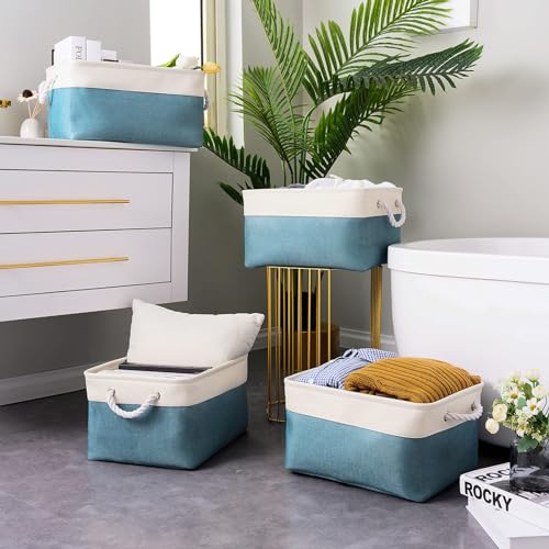 Fabric Storage Bin with Handles (White And Green / Large - 15.7Lx11.8Wx8.3H)