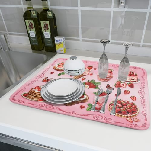 Strawberry Dish Drying Rack Mat Pink Absorbent Microfiber Dish Drying Mat for Kitchen Counter 18x24 In (Strawberry Pink 328 / 24" x 18")