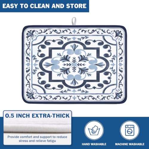 Navy Flower Dish Drying Mat Modern Boho Microfiber Dishes Drainer Pad 18x24 Inch Absorbent Fast Dry Dish Rack Mat for Kitchen Counter Sink (Boho Navy Floral / 18x24 inch)