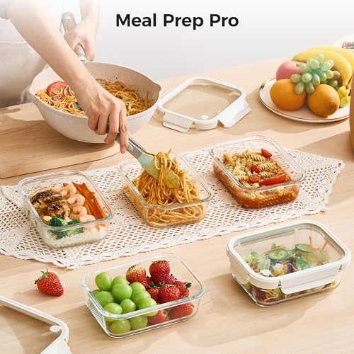 5 Pack Glass Food Storage Containers with Glass Lids & Air Vent (White / 35oz)