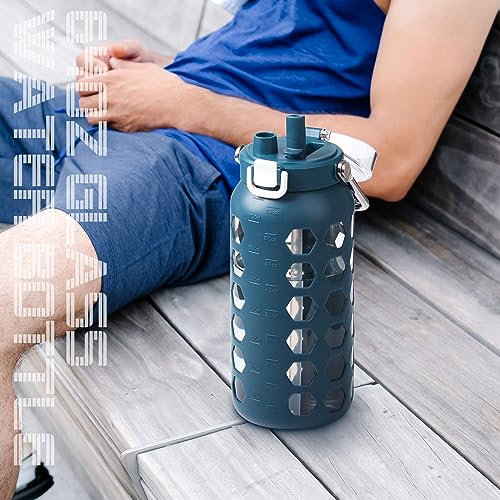 64oz Glass Water Bottle with Straw and Lid (Blue / 64 Ounces)