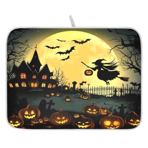 Halloween Night Pumpkins Witch Dish Drying Mat for Kitchen Counter Absorbent Microfiber Small Drying Pad Dish mats for Kitchen Countertops 16 x 18 Inch (Halloween Night / 18" x 16")