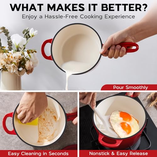 Enameled Cast Iron Sauce Pan (Red / 1+2 Quarts)