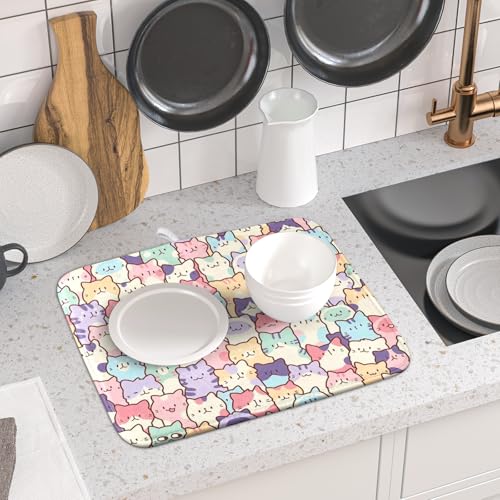 Colorful Cats Dish Drying Mat 16x18 inch Cute Animal Microfiber Reversible Fast Dry Dishes Drainer Rack Pad for Counter Kitchen Table Decor (Colorful Cats / 16" x 18")