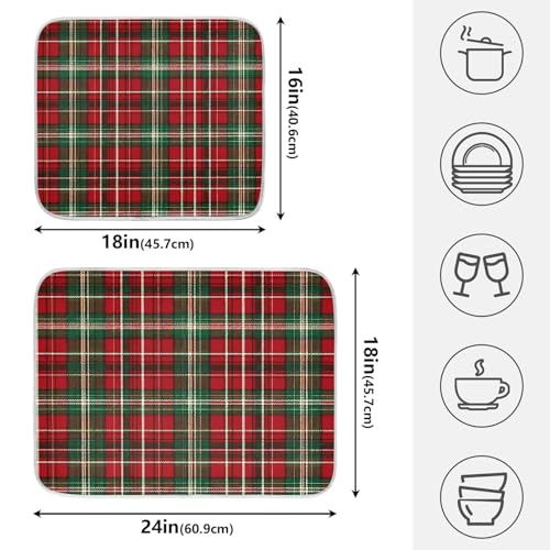 Christmas Red Green Buffalo Checkered Dish Drying Mat for Kitchen Counter Absorbent Microfiber Small Drying Pad Dish Mats for Kitchen Countertops 16 x 18 Inch (18" x 16")
