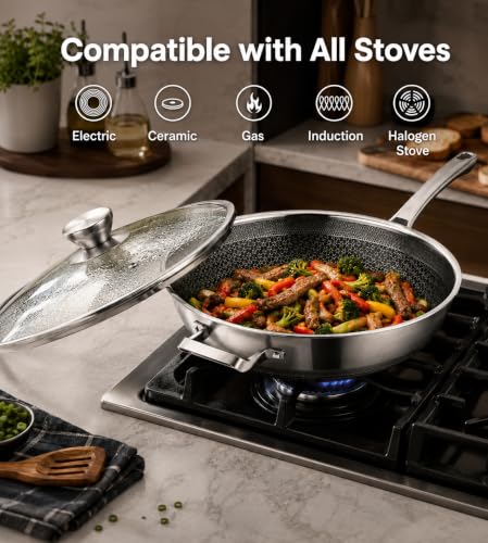 Wok Pan Hybrid Nonstick 14 Inch Wok with Lid (Stainless Steel / 14Inch with Lid)