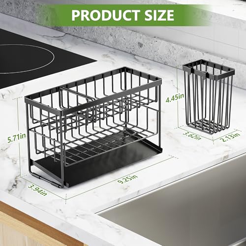 2 Tier Kitchen Sink Caddy Organzier Rack with Dish Brush Sponge Holder (Black / Medium)
