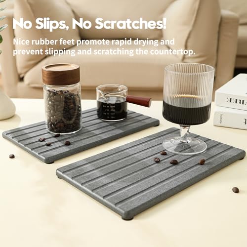 2PCS Water Absorbing Stone Drying Tray Mat for Bathroom Sink & Kitchen Counter Organizer (2 Pack - Charcoal Gray / 10"x 6")
