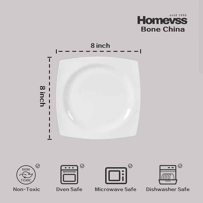 HomeVss, New Bone China Dinnerware SEt, Rim Square Shape, 40pc Set