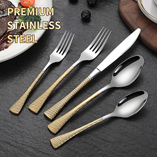 Hammered Silver Gold Silverware Set for 8 (Silver Gold / 40 Pieces Set)