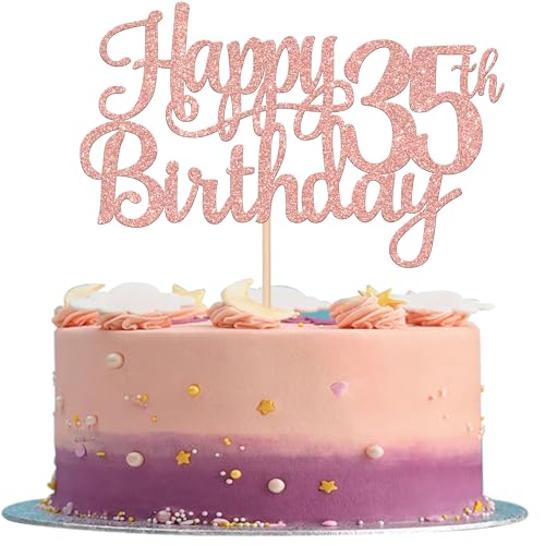 1 PCS Happy 35th Birthday Cake Topper Glitter Cheers to 35 Years Birthday Cake Pick 35 Fabulous Cake Decoration for Happy 35th Birthday Theme Party Decorations Supplies Rose Gold (Rose Gold / 35th)