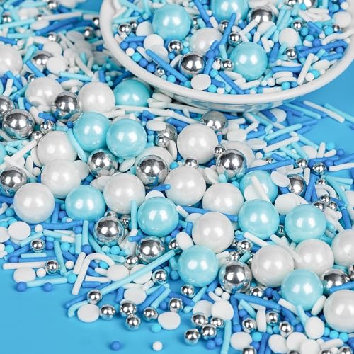 Edible Blue Silver White Pearl Sprinkles (Winter Mix)