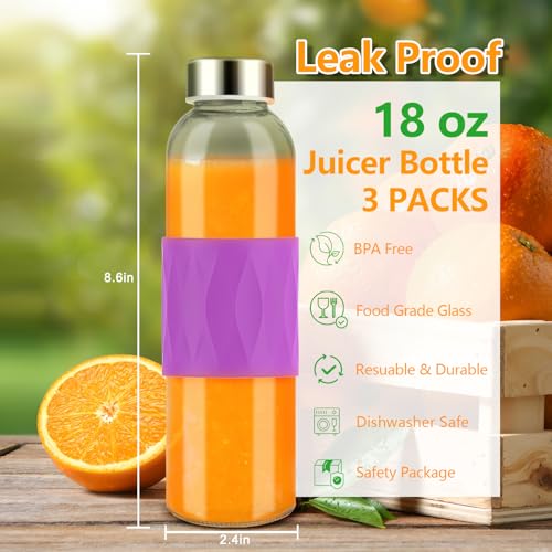 18 oz Glass Juice Bottles with Stainless Steel Lid Leak Proof 3 Pack (Orange Purple Red)