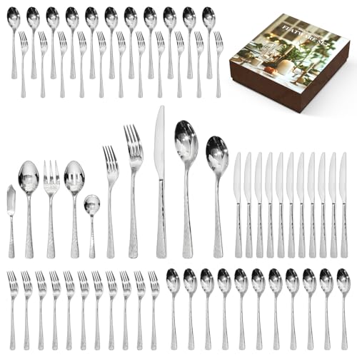 65 Pcs 18 10 Steel Silverware Set with Serving Utensils (65-Piece / Silver)