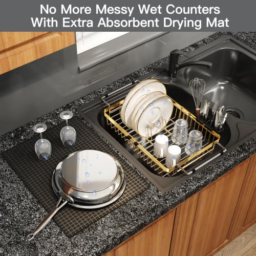 Gold Expandable Dish Drying Rack Over Sink with Extra Drying Mat (Gold / For 13"-30" W Sink with Mat)