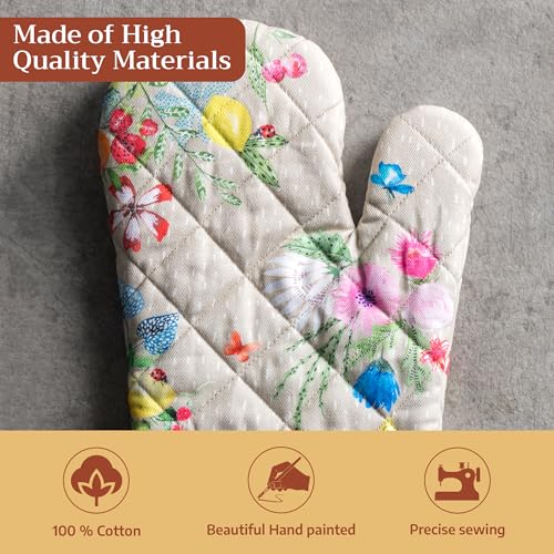 Maison d'Hermine Oven Gloves 100% Cotton Oven Mitt (105 - Jardin D'ete - Fog / 7.5" x 13" (Oven Mitt))
