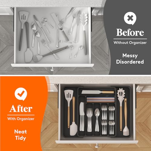 Expandable Silverware Drawer Organizer (Black / Large Deep（11.8-19.6'W x 15''D）)
