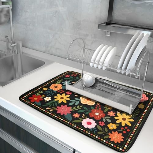 Boho Floral Dish Drying Mat 18x24 Inch Colorful Flower Dishes Dry Mats Absorbent Washable Drainer Rack Pad Protective Kitchen Counter Decor (Black Boho Floral / 24" x 18")