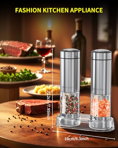 Battery Operated Electric Salt and Pepper Grinder Set with Base (Battery Operated Set with Base - Silver - Plus)