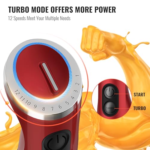 5-in-1 Hand Immersion Blender, 1000W 12 Speed Handheld Blender Stick with Copper Motor Stainless Steel Blade, 600ml Mixing Beaker,500ml Food Processor, Whisk, Milk Frother, Non-BPA, Red (Red)