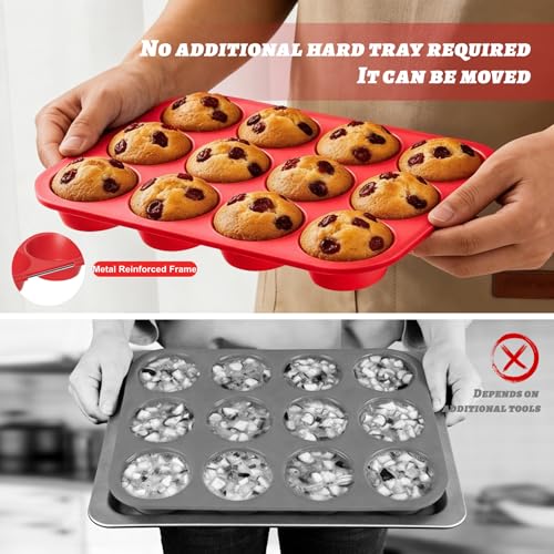 2Pack Silicone Muffin Pans with Metal Reinforced Frame (2Pack Red)