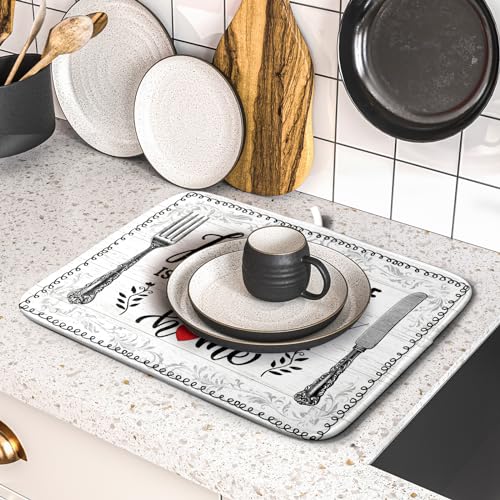 White Kitchen Dish Drying Mat 16x18 Inch Knife Fork Dish Drainer Rack Mats Microfiber Absorbent Protector for Kitchen Countertop Decor (home kitchen / 16" x 18")