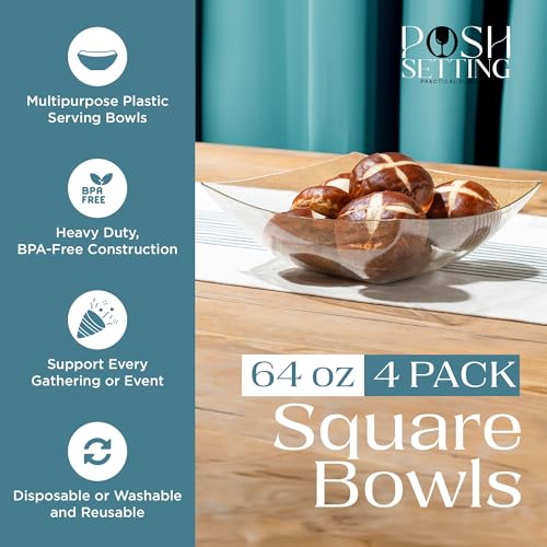 4 Pack Disposable Gold Plastic Serving Bowls Square Party Candy Use 64oz (64 OUNCE / GOLD GLITTER)