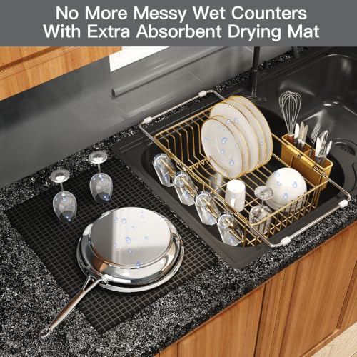 Gold Expandable Dish Drying Rack Over Sink with Extra Drying Mat (Gold / For 11.5"-16" W Sink with Cup Holder & Mat)