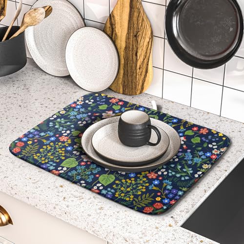 Flower Floral Dish Drying Mat Microfiber Navy Blue Absorbent Drying Pad for Kitchen Counter Small (Colored Flower / 18" x 16")