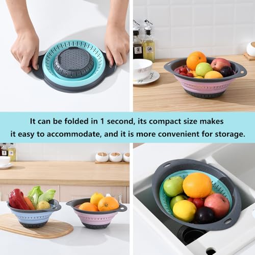 2Pcs Collapsible Square Silicone Colander Strainer for Fruit Veggie Pasta (2.1L+2.1L / White and Pink)