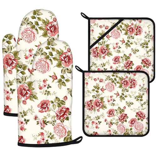 Red Rose Oven Mitts and Pot Holders Sets 4Pcs (Red Rose)