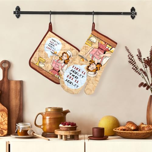 Retro Housewife Oven Mitts and Pot Holders Set (Housewife / Oven Mitt x1 & Pot Holder x1)
