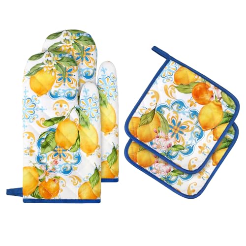Summer Lemon Oven Mitts and Pot Holders Set (Lemon 1 / Oven Mitt x2 & Pot Holder x2)