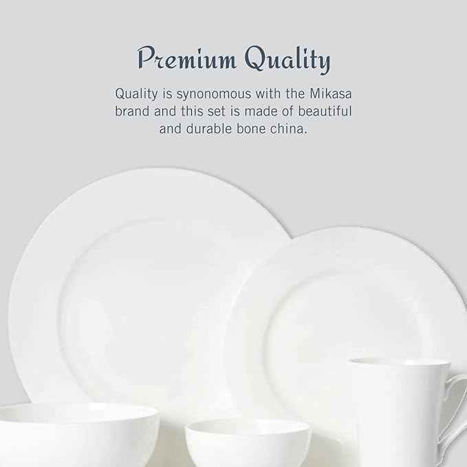Mikasa Delray 40-Piece Bone China Dinnerware Set, White Round Dishes for 8 - Dinner Plates, Salad Plates, Cereal Bowls, Fruit Bowls and Mugs