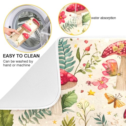 Mushroom Forest Fern Leaves Dish Drying Mat for Kitchen Counter Absorbent Microfiber Drying Pad (16" x 18")