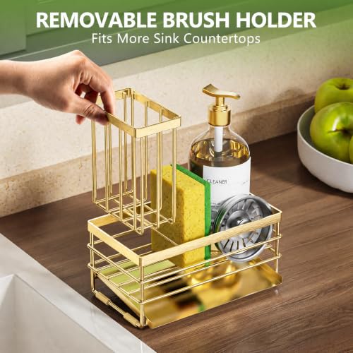 Gold Sink Caddy Sponge Holder for Kitchen with Brush Holder and Stainless Steel Self Drain Tray (8.26'' / Gold)