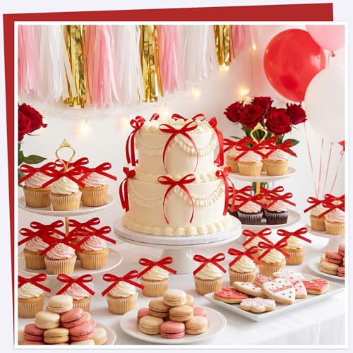 30 Pack Red Ribbon Bows for Cake Bow Cake Toppers (Red)